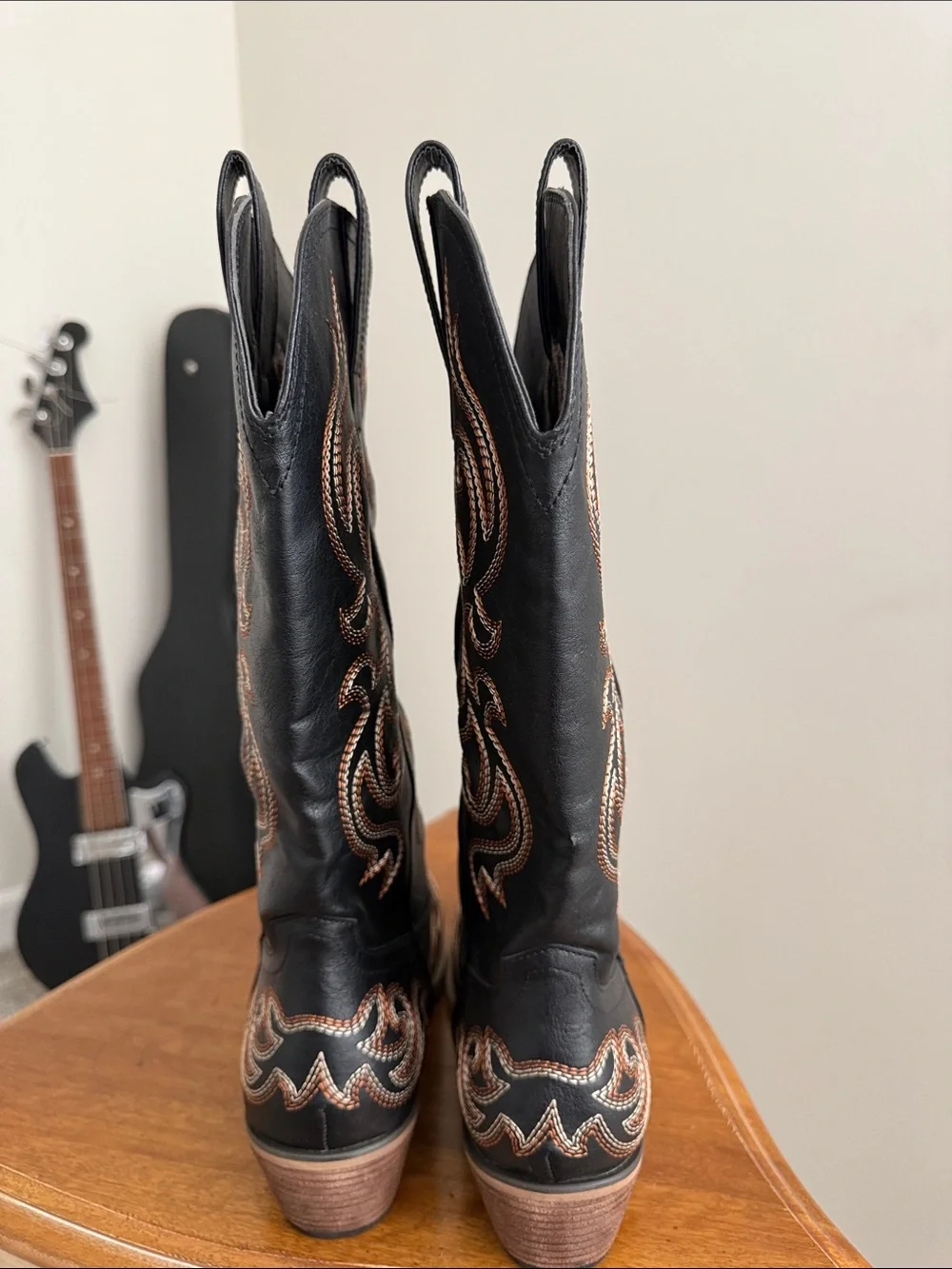 Women's Black Over-the-Knee Western Boots with Tan Embroidery
